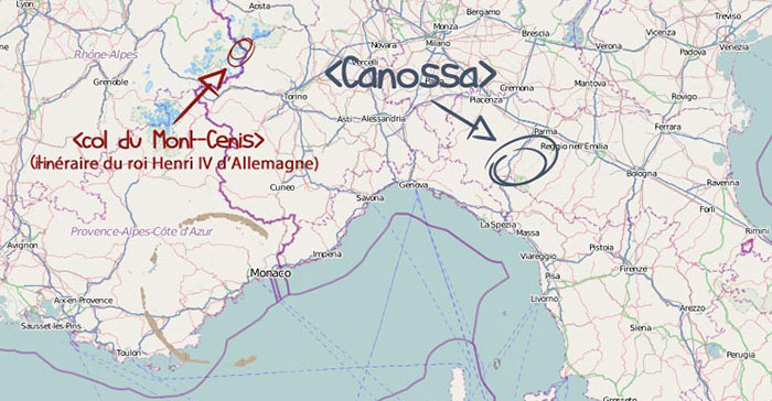 Carte du trajet de l'empereur - Aller à Canossa