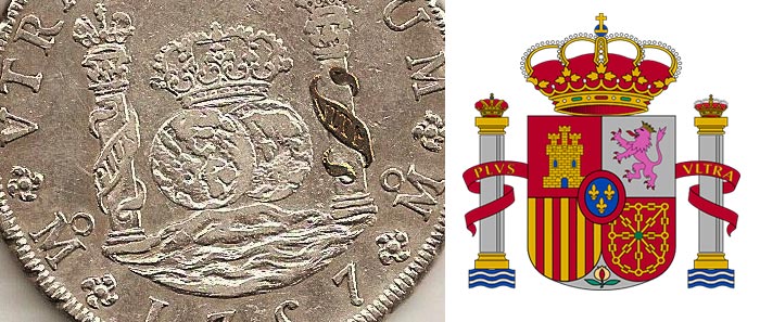 Pièce de 8 réals et armoiries espagnoles - Origine du symbole du dollar