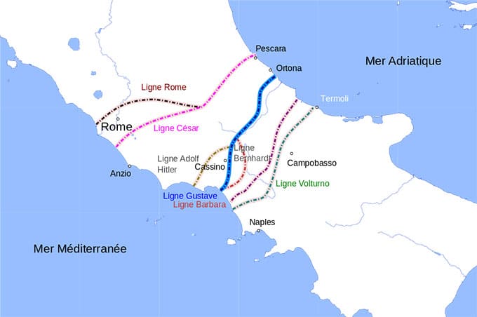 La ligne Gustave coupant l'Italie en deux