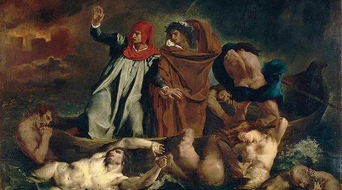 La barque de Dante d'Eugène Delacroix - Dante et Virgile naviguant sur le fleuve des Enfers (1822)