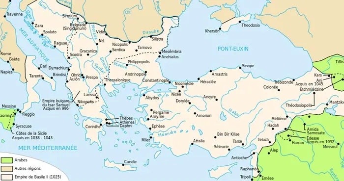 Carte de l'empire byzantin à la mort de Basile II