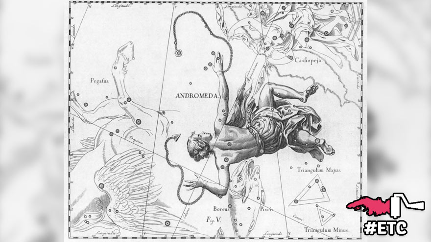 Constellation d'Andromède représentée dans l'Atlas Coelestis (1690) aux cotés de la constellation de Persée